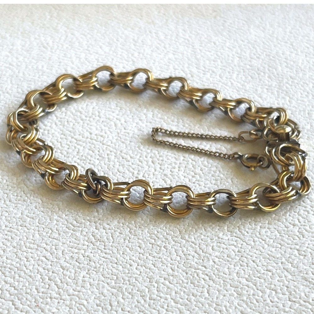 Vintage Eton 1/20 12K Gold Filled Multi Ring Link Bracelet 7" 11g Safety Chain